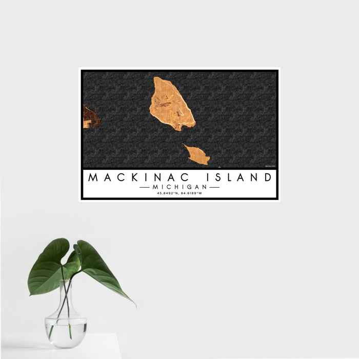 16x24 Mackinac Island Michigan Map Print Landscape Orientation in Ember Style With Tropical Plant Leaves in Water