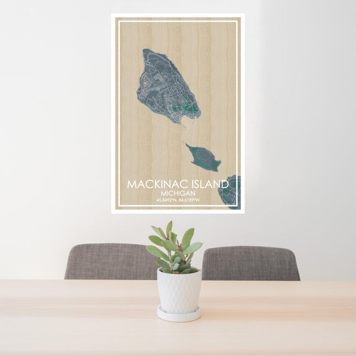 24x36 Mackinac Island Michigan Map Print Portrait Orientation in Afternoon Style Behind 2 Chairs Table and Potted Plant