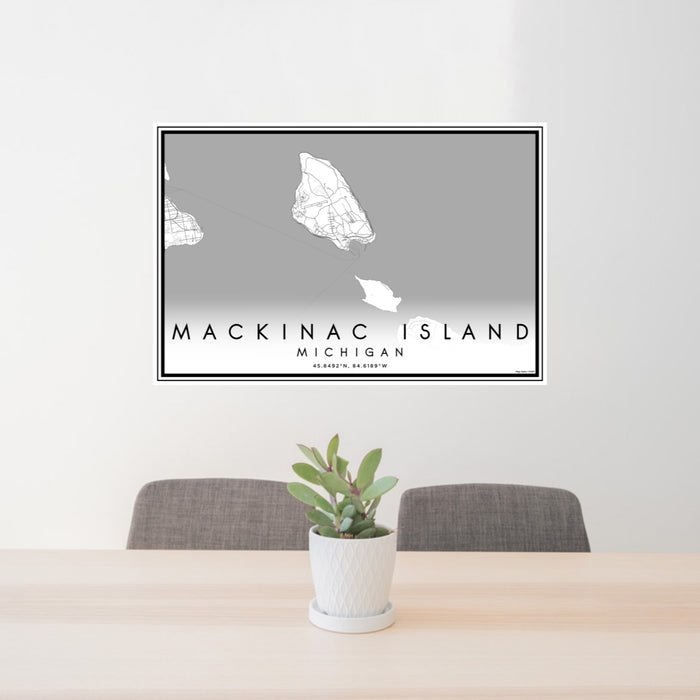 24x36 Mackinac Island Michigan Map Print Lanscape Orientation in Classic Style Behind 2 Chairs Table and Potted Plant