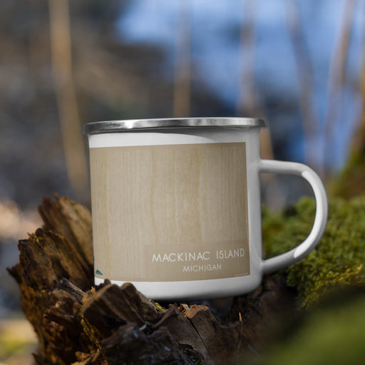 Right View Custom Mackinac Island Michigan Map Enamel Mug in Afternoon on Grass With Trees in Background