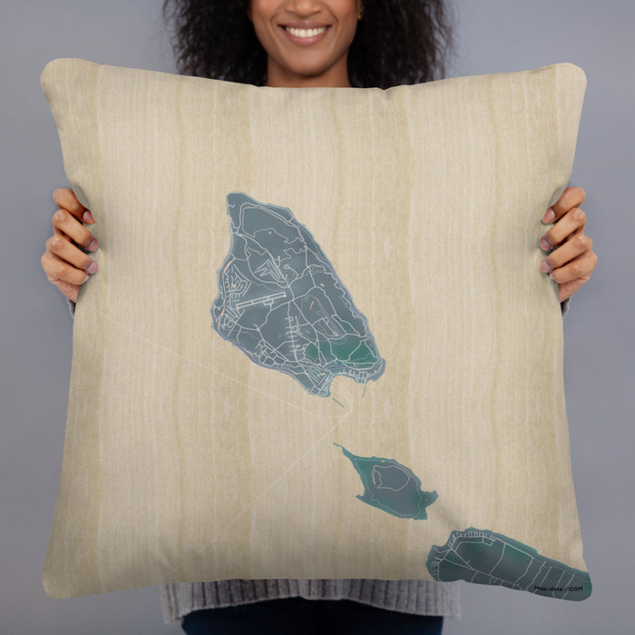 Person holding 22x22 Custom Mackinac Island Michigan Map Throw Pillow in Afternoon