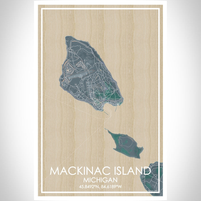 Mackinac Island Michigan Map Print Portrait Orientation in Afternoon Style With Shaded Background