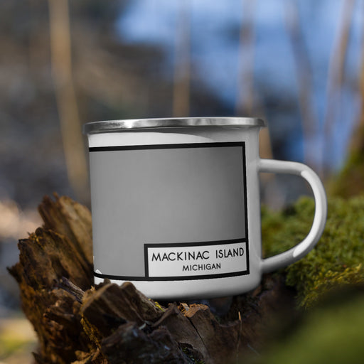 Right View Custom Mackinac Island Michigan Map Enamel Mug in Classic on Grass With Trees in Background