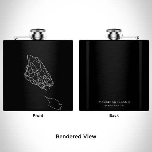 Rendered View of Mackinac Island Michigan Map Engraving on 6oz Stainless Steel Flask in Black