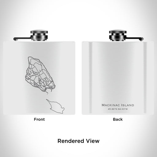 Rendered View of Mackinac Island Michigan Map Engraving on 6oz Stainless Steel Flask in White