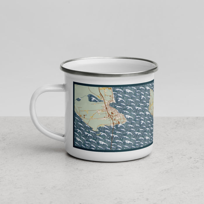 Left View Custom Mackinac Island Michigan Map Enamel Mug in Woodblock