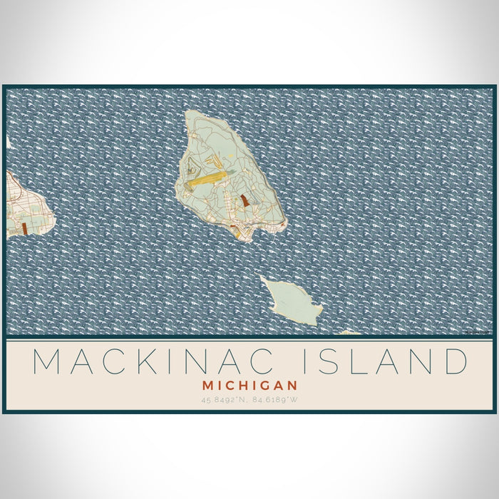Mackinac Island Michigan Map Print Landscape Orientation in Woodblock Style With Shaded Background