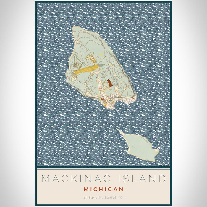 Mackinac Island Michigan Map Print Portrait Orientation in Woodblock Style With Shaded Background