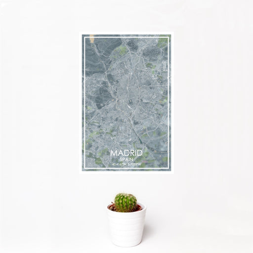 12x18 Madrid Spain Map Print Portrait Orientation in Afternoon Style With Small Cactus Plant in White Planter