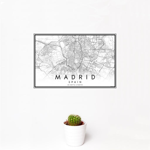 12x18 Madrid Spain Map Print Landscape Orientation in Classic Style With Small Cactus Plant in White Planter