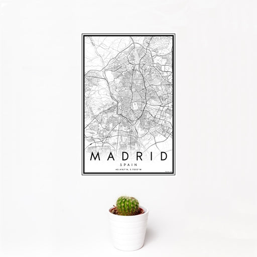 12x18 Madrid Spain Map Print Portrait Orientation in Classic Style With Small Cactus Plant in White Planter