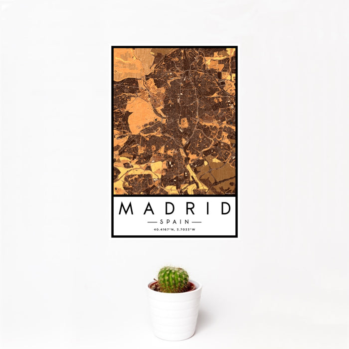 12x18 Madrid Spain Map Print Portrait Orientation in Ember Style With Small Cactus Plant in White Planter