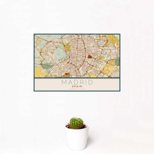 12x18 Madrid Spain Map Print Landscape Orientation in Woodblock Style With Small Cactus Plant in White Planter