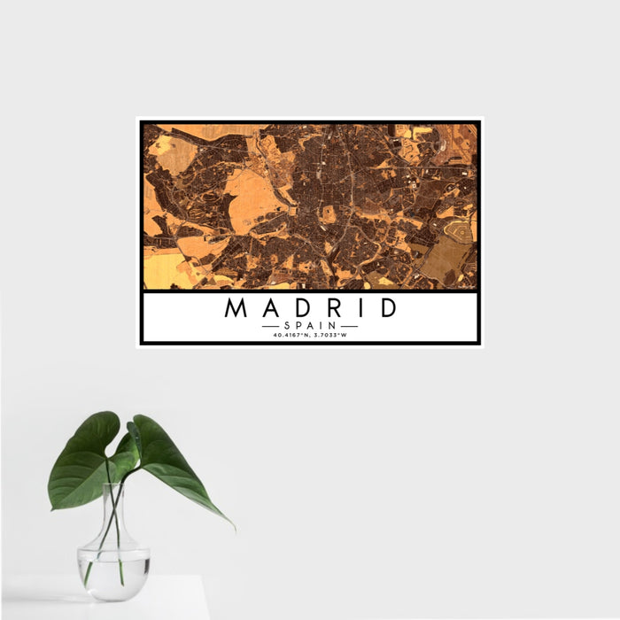 16x24 Madrid Spain Map Print Landscape Orientation in Ember Style With Tropical Plant Leaves in Water