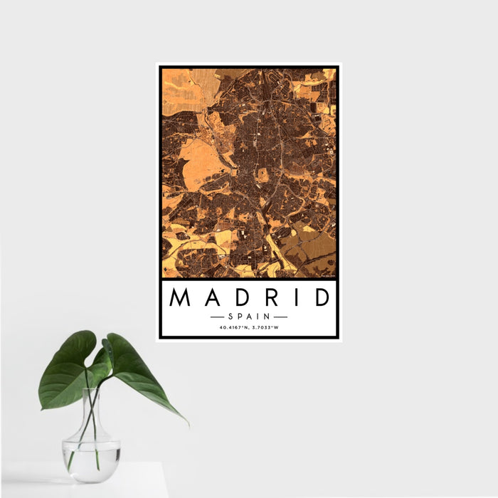 16x24 Madrid Spain Map Print Portrait Orientation in Ember Style With Tropical Plant Leaves in Water