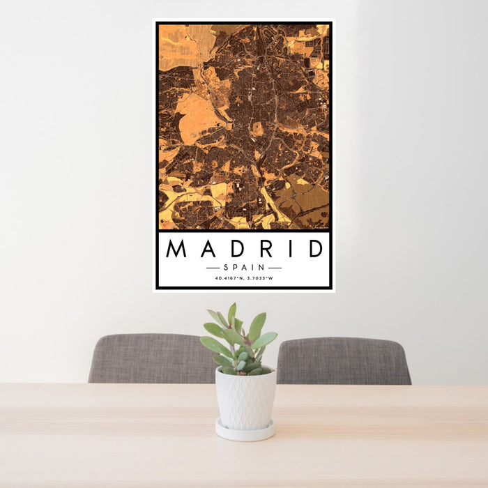 24x36 Madrid Spain Map Print Portrait Orientation in Ember Style Behind 2 Chairs Table and Potted Plant