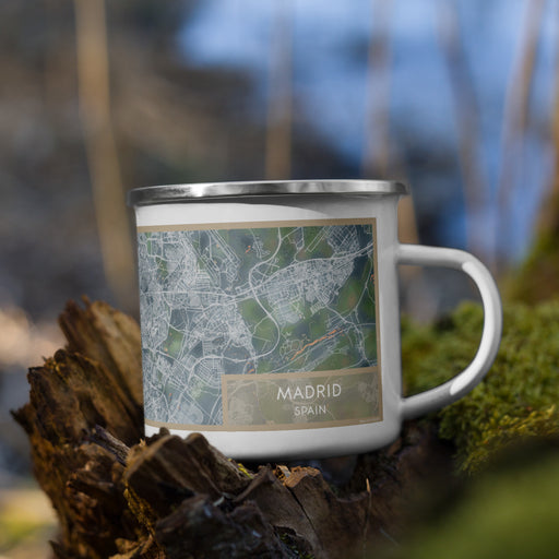 Right View Custom Madrid Spain Map Enamel Mug in Afternoon on Grass With Trees in Background