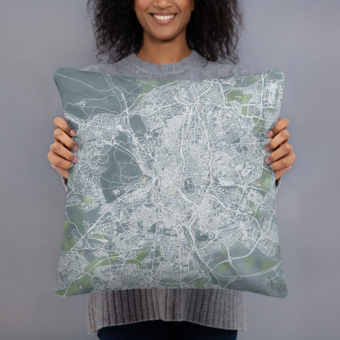 Person holding 18x18 Custom Madrid Spain Map Throw Pillow in Afternoon