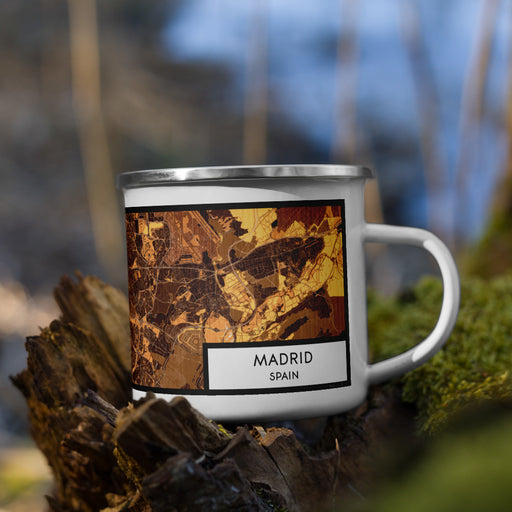 Right View Custom Madrid Spain Map Enamel Mug in Ember on Grass With Trees in Background