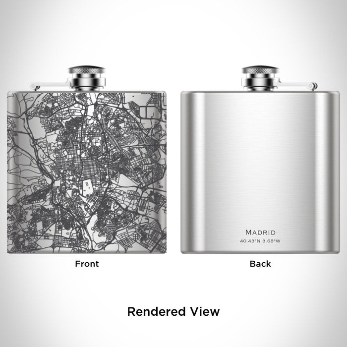 Rendered View of Madrid Spain Map Engraving on 6oz Stainless Steel Flask