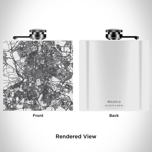 Rendered View of Madrid Spain Map Engraving on 6oz Stainless Steel Flask in White