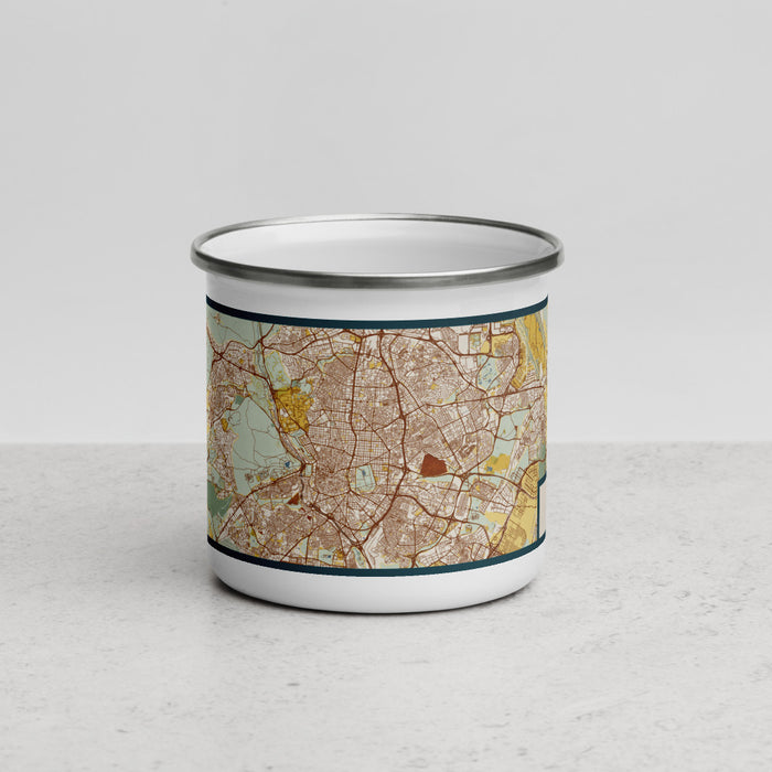 Front View Custom Madrid Spain Map Enamel Mug in Woodblock