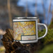 Right View Custom Madrid Spain Map Enamel Mug in Woodblock on Grass With Trees in Background