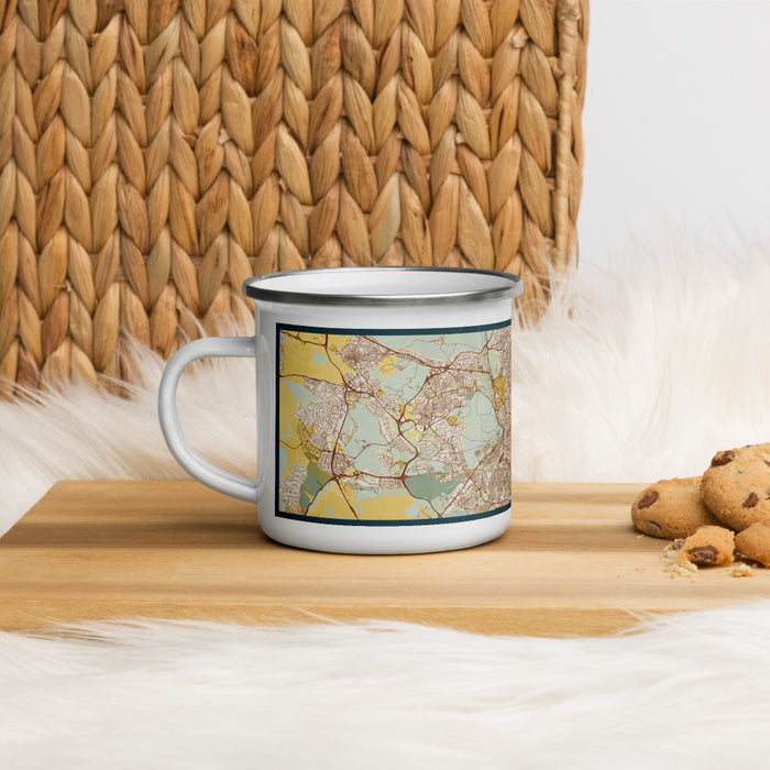 Left View Custom Madrid Spain Map Enamel Mug in Woodblock on Table Top