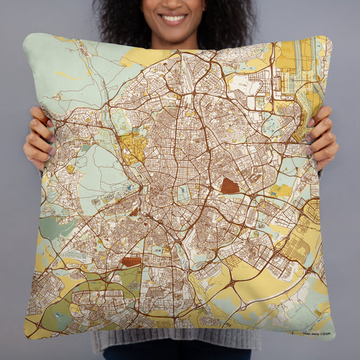 Person holding 22x22 Custom Madrid Spain Map Throw Pillow in Woodblock