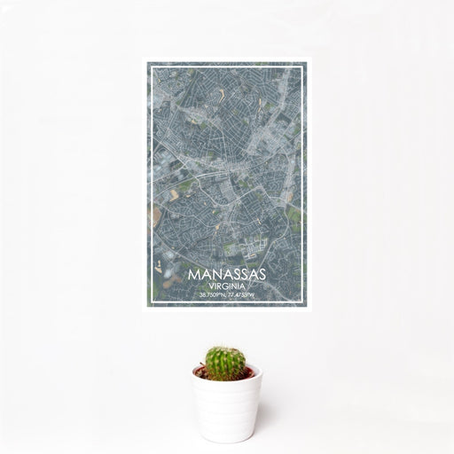 12x18 Manassas Virginia Map Print Portrait Orientation in Afternoon Style With Small Cactus Plant in White Planter
