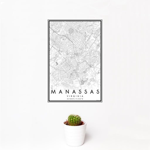 12x18 Manassas Virginia Map Print Portrait Orientation in Classic Style With Small Cactus Plant in White Planter