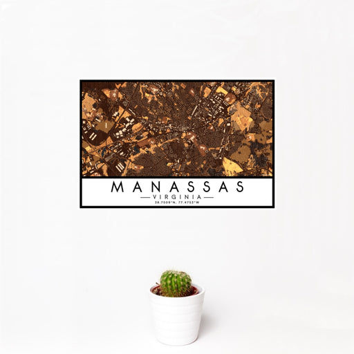 12x18 Manassas Virginia Map Print Landscape Orientation in Ember Style With Small Cactus Plant in White Planter