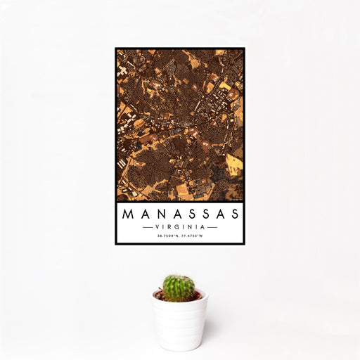 12x18 Manassas Virginia Map Print Portrait Orientation in Ember Style With Small Cactus Plant in White Planter