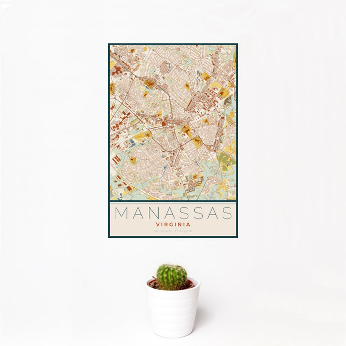 12x18 Manassas Virginia Map Print Portrait Orientation in Woodblock Style With Small Cactus Plant in White Planter