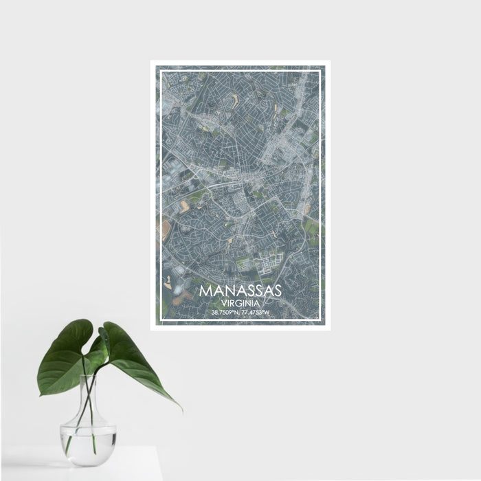 16x24 Manassas Virginia Map Print Portrait Orientation in Afternoon Style With Tropical Plant Leaves in Water