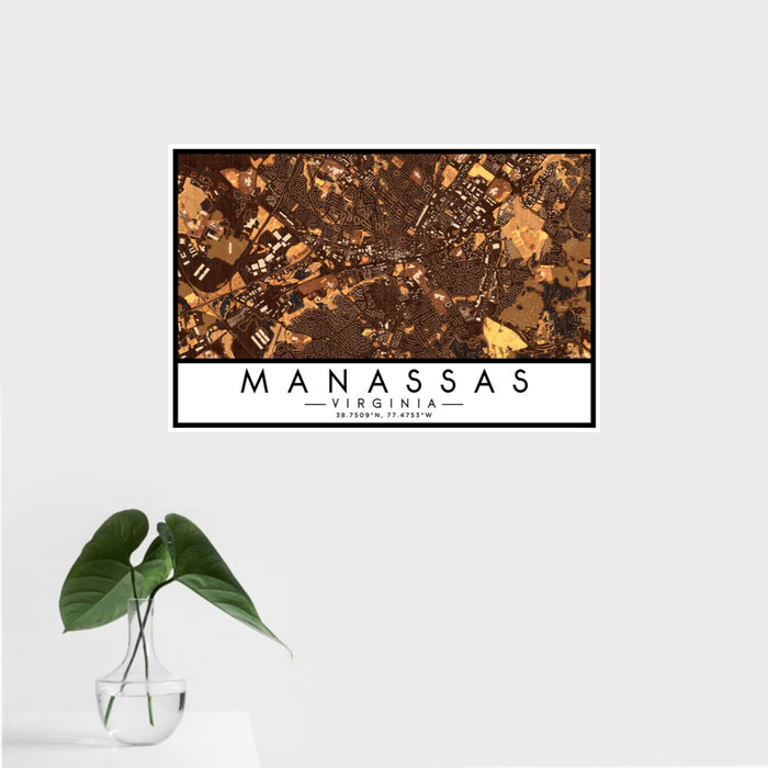 16x24 Manassas Virginia Map Print Landscape Orientation in Ember Style With Tropical Plant Leaves in Water