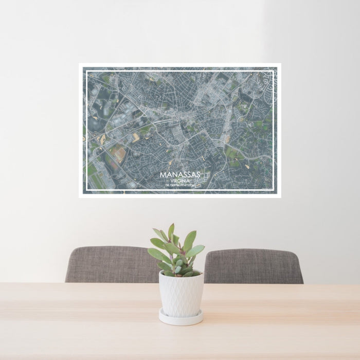 24x36 Manassas Virginia Map Print Lanscape Orientation in Afternoon Style Behind 2 Chairs Table and Potted Plant