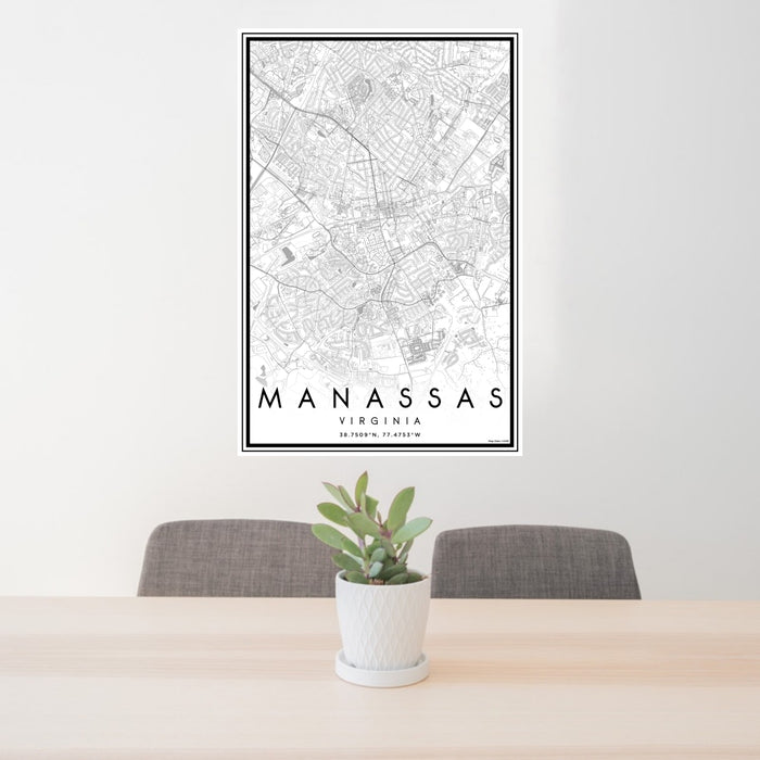 24x36 Manassas Virginia Map Print Portrait Orientation in Classic Style Behind 2 Chairs Table and Potted Plant