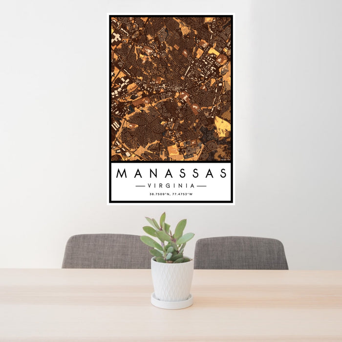 24x36 Manassas Virginia Map Print Portrait Orientation in Ember Style Behind 2 Chairs Table and Potted Plant