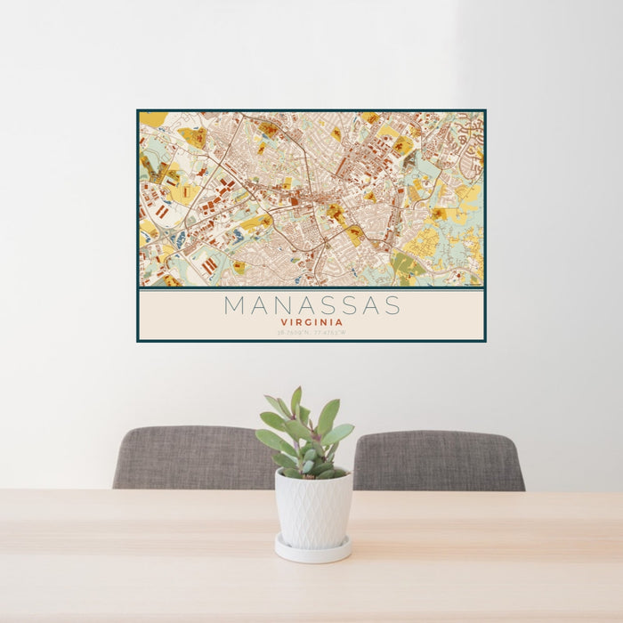 24x36 Manassas Virginia Map Print Lanscape Orientation in Woodblock Style Behind 2 Chairs Table and Potted Plant