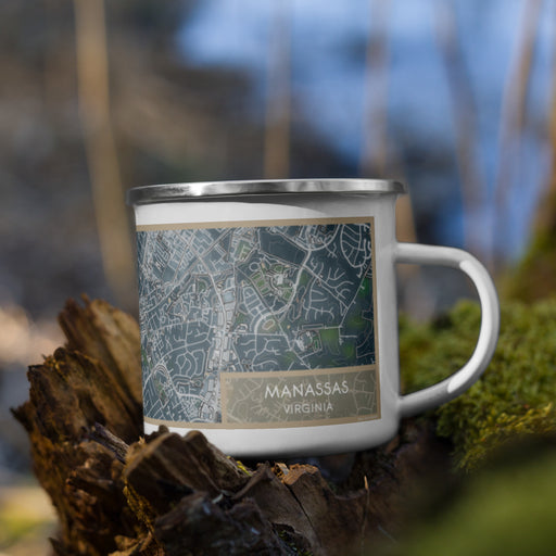 Right View Custom Manassas Virginia Map Enamel Mug in Afternoon on Grass With Trees in Background