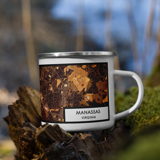 Right View Custom Manassas Virginia Map Enamel Mug in Ember on Grass With Trees in Background