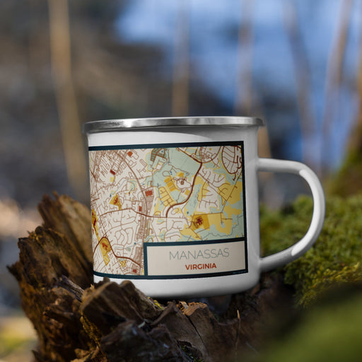 Right View Custom Manassas Virginia Map Enamel Mug in Woodblock on Grass With Trees in Background