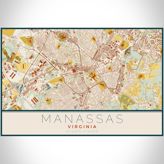 Manassas Virginia Map Print Landscape Orientation in Woodblock Style With Shaded Background