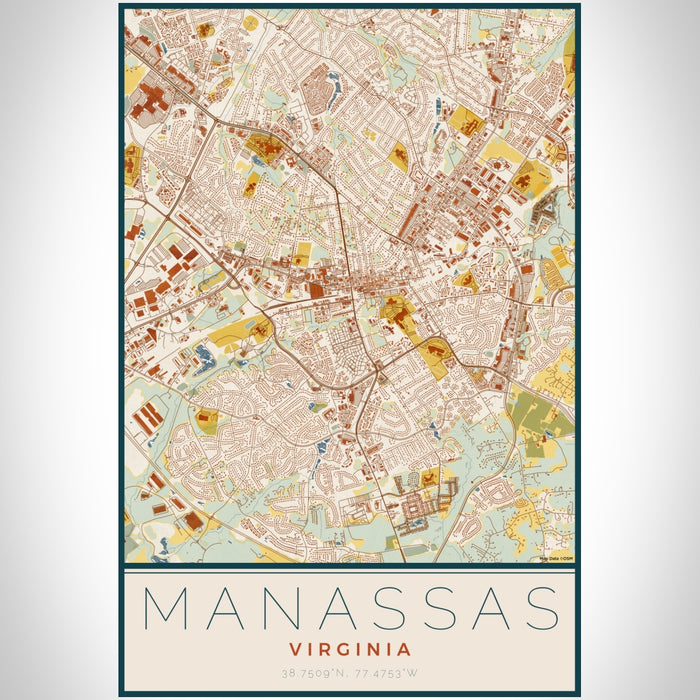 Manassas Virginia Map Print Portrait Orientation in Woodblock Style With Shaded Background