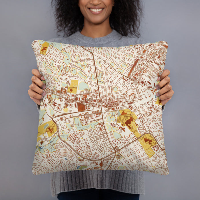 Person holding 18x18 Custom Manassas Virginia Map Throw Pillow in Woodblock