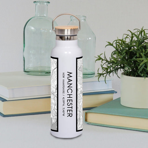 Manchester New Hampshire Custom City Map Inscription Coordinates on 20oz Stainless Steel Insulated Bottle with Bamboo Top with printed classic style map