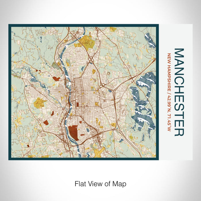 Rendered View of Manchester New Hampshire Map on 20oz Stainless Steel Insulated Bottle with Bamboo Top with printed woodblock style map