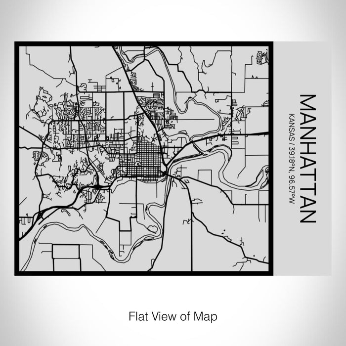Rendered View of Manhattan Kansas Map on 20oz Stainless Steel Insulated Bottle with Bamboo Top with printed Tactile Lines Map in Black