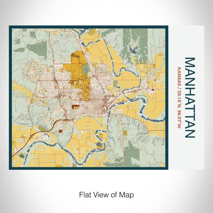 Rendered View of Manhattan Kansas Map on 20oz Stainless Steel Insulated Bottle with Bamboo Top with printed woodblock style map